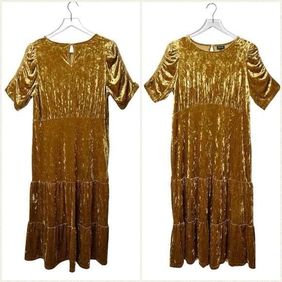 Who What Where Gold Crushed Velvet Women’s Tiered Midi Dress Sz L - Picture 2 of 12